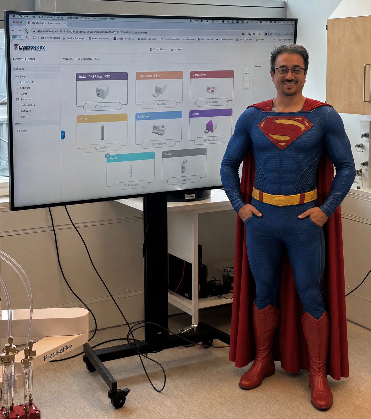Safwan in a Superman costume next to the Lab Donkey control center in the lab